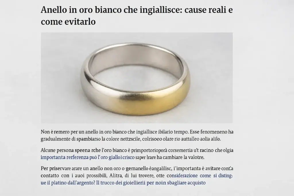 Anello in oro bianco che ingiallisce: cause reali e come evitarlo