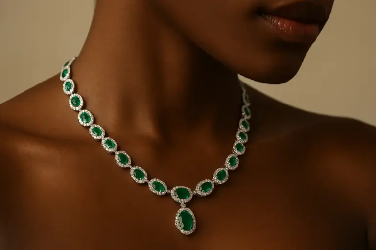 Collana con smeraldi su pelle scura: il metallo che valorizza davvero la pietra